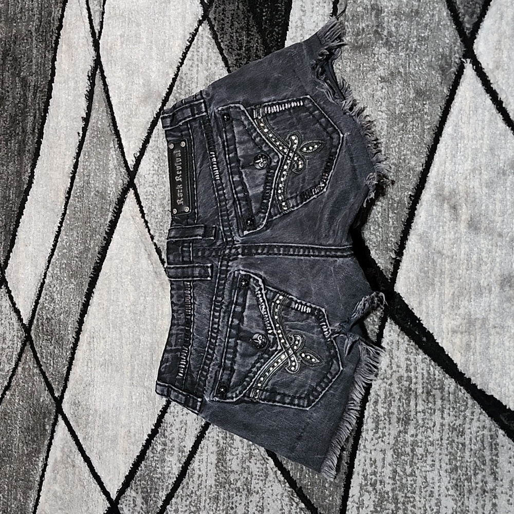 ROCK REVIVAL LUNA RHINESTONES RAW-EDGE BLACK DENIM SHORTS